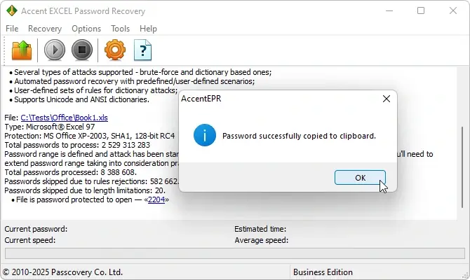 AccentEPR window after finding the password