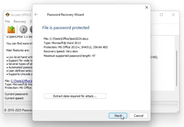 AccentOPR window showing protection version and encryption algorithms