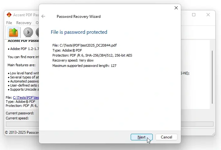 AccentPPR window showing PDF protection version and encryption algorithms