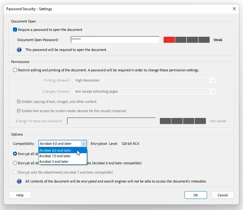 在 Adobe Acrobat DC 中设置文档打开密码的兼容性窗口