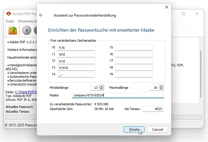 Fenster zur Einstellung einer Positionsmaske in AccentPPR