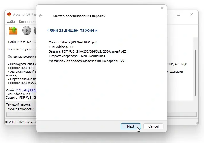 Окно AccentPPR с информацией о версии защиты PDF и применяемых алгоритмах шифрования